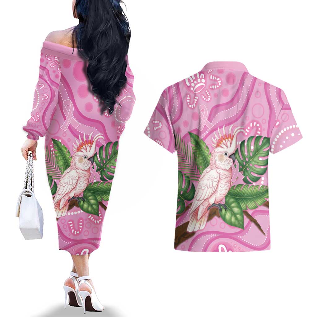 Australia Breast Cancer Awareness Couples Matching Off The Shoulder Long Sleeve Dress and Hawaiian Shirt Pink Cockatoo Ribbon Aboriginal Dot Art