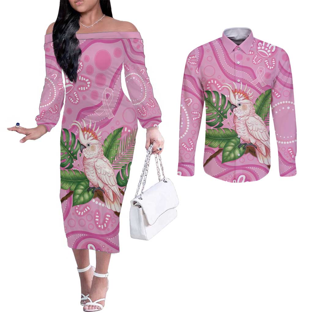 Australia Breast Cancer Awareness Couples Matching Off The Shoulder Long Sleeve Dress and Long Sleeve Button Shirt Pink Cockatoo Ribbon Aboriginal Dot Art