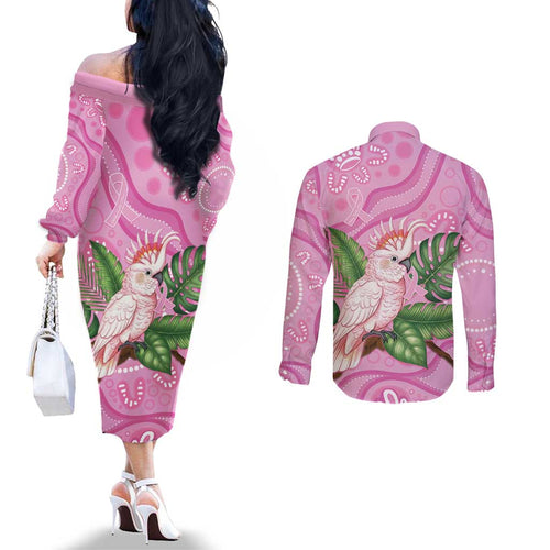 Australia Breast Cancer Awareness Couples Matching Off The Shoulder Long Sleeve Dress and Long Sleeve Button Shirt Pink Cockatoo Ribbon Aboriginal Dot Art