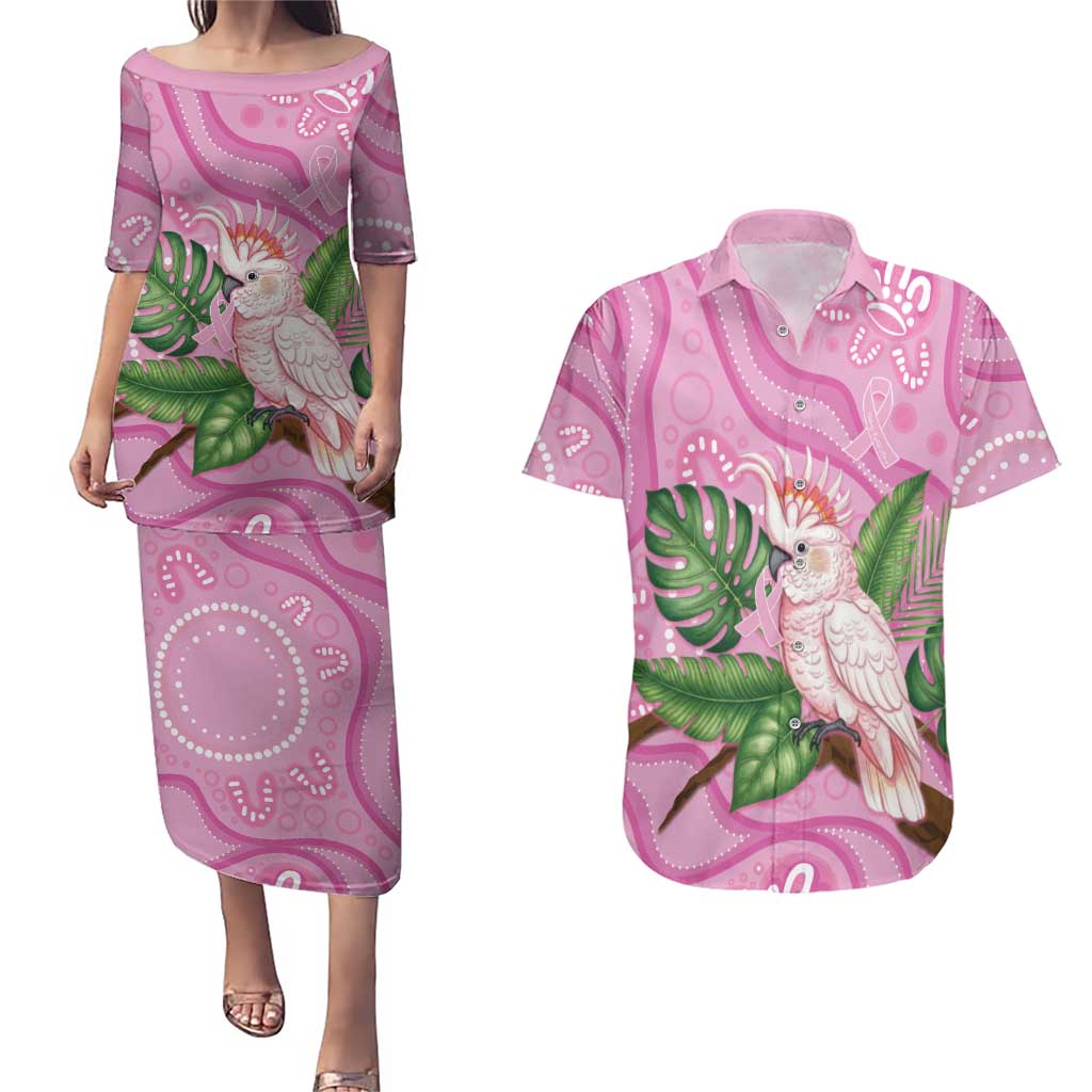 Australia Breast Cancer Awareness Couples Matching Puletasi and Hawaiian Shirt Pink Cockatoo Ribbon Aboriginal Dot Art