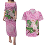 Australia Breast Cancer Awareness Couples Matching Puletasi and Hawaiian Shirt Pink Cockatoo Ribbon Aboriginal Dot Art