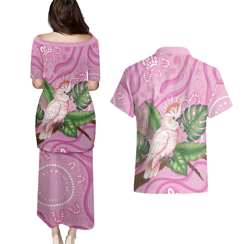 Australia Breast Cancer Awareness Couples Matching Puletasi and Hawaiian Shirt Pink Cockatoo Ribbon Aboriginal Dot Art