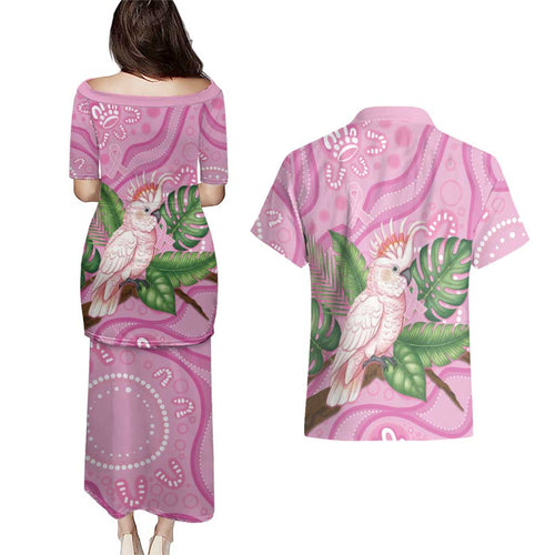 Australia Breast Cancer Awareness Couples Matching Puletasi and Hawaiian Shirt Pink Cockatoo Ribbon Aboriginal Dot Art