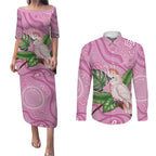Australia Breast Cancer Awareness Couples Matching Puletasi and Long Sleeve Button Shirt Pink Cockatoo Ribbon Aboriginal Dot Art