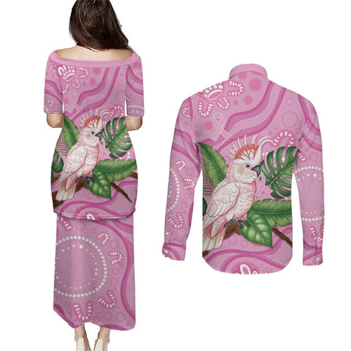 Australia Breast Cancer Awareness Couples Matching Puletasi and Long Sleeve Button Shirt Pink Cockatoo Ribbon Aboriginal Dot Art