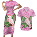 Australia Breast Cancer Awareness Couples Matching Short Sleeve Bodycon Dress and Hawaiian Shirt Pink Cockatoo Ribbon Aboriginal Dot Art