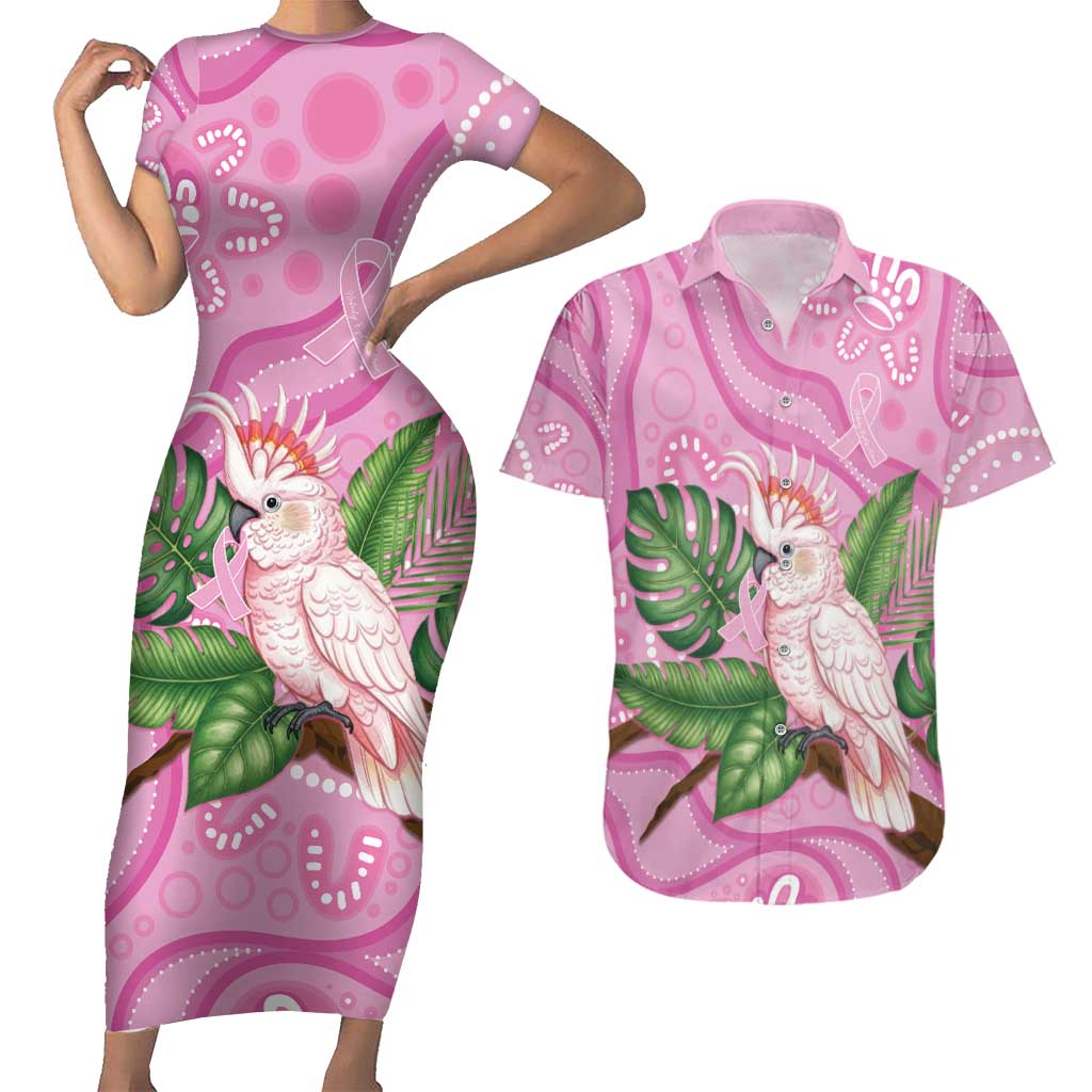 Australia Breast Cancer Awareness Couples Matching Short Sleeve Bodycon Dress and Hawaiian Shirt Pink Cockatoo Ribbon Aboriginal Dot Art