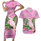 Australia Breast Cancer Awareness Couples Matching Short Sleeve Bodycon Dress and Hawaiian Shirt Pink Cockatoo Ribbon Aboriginal Dot Art