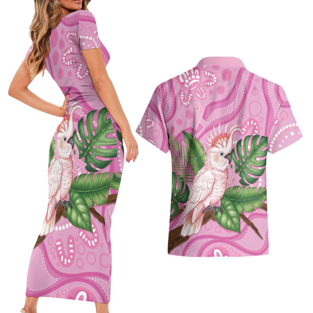 Australia Breast Cancer Awareness Couples Matching Short Sleeve Bodycon Dress and Hawaiian Shirt Pink Cockatoo Ribbon Aboriginal Dot Art
