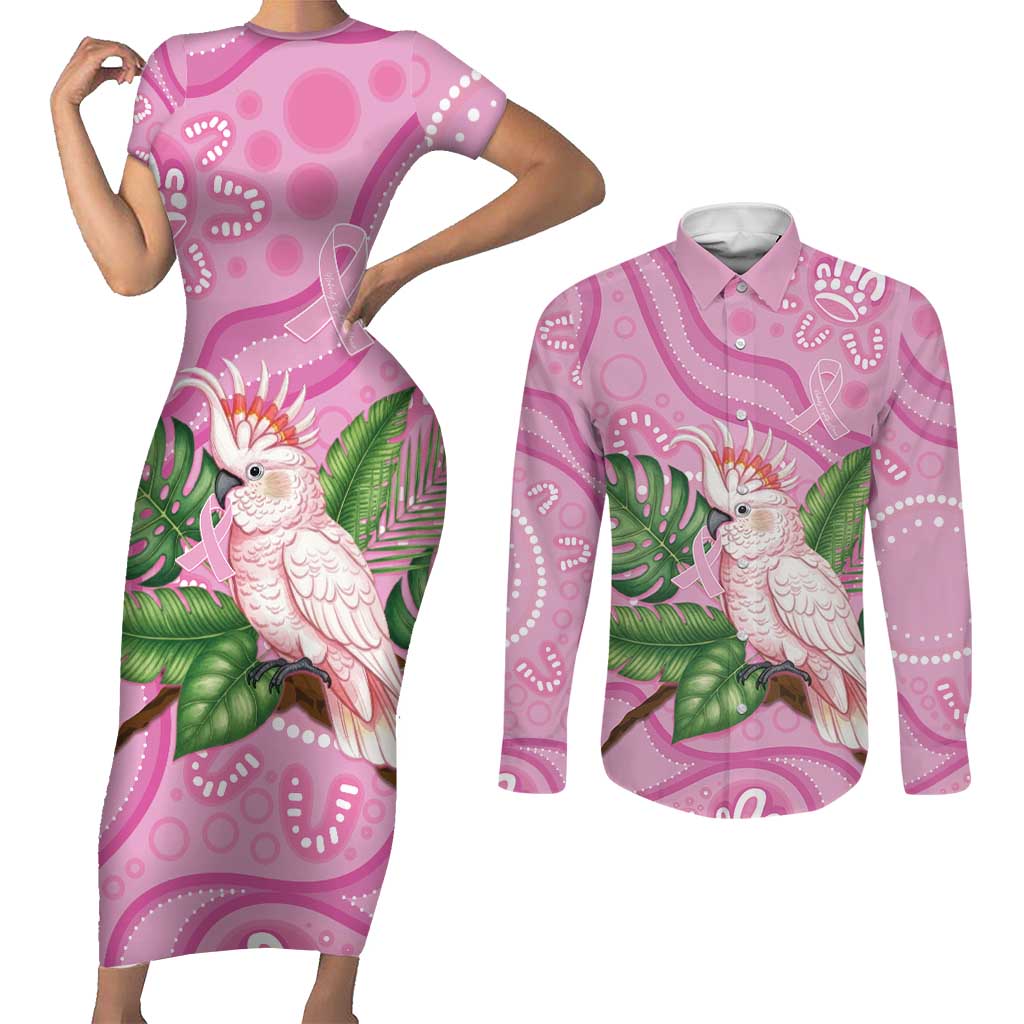 Australia Breast Cancer Awareness Couples Matching Short Sleeve Bodycon Dress and Long Sleeve Button Shirt Pink Cockatoo Ribbon Aboriginal Dot Art