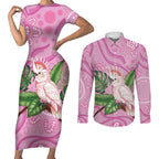 Australia Breast Cancer Awareness Couples Matching Short Sleeve Bodycon Dress and Long Sleeve Button Shirt Pink Cockatoo Ribbon Aboriginal Dot Art