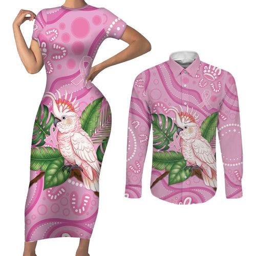 Australia Breast Cancer Awareness Couples Matching Short Sleeve Bodycon Dress and Long Sleeve Button Shirt Pink Cockatoo Ribbon Aboriginal Dot Art