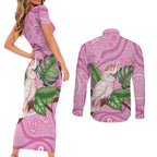 Australia Breast Cancer Awareness Couples Matching Short Sleeve Bodycon Dress and Long Sleeve Button Shirt Pink Cockatoo Ribbon Aboriginal Dot Art