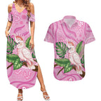 Australia Breast Cancer Awareness Couples Matching Summer Maxi Dress and Hawaiian Shirt Pink Cockatoo Ribbon Aboriginal Dot Art