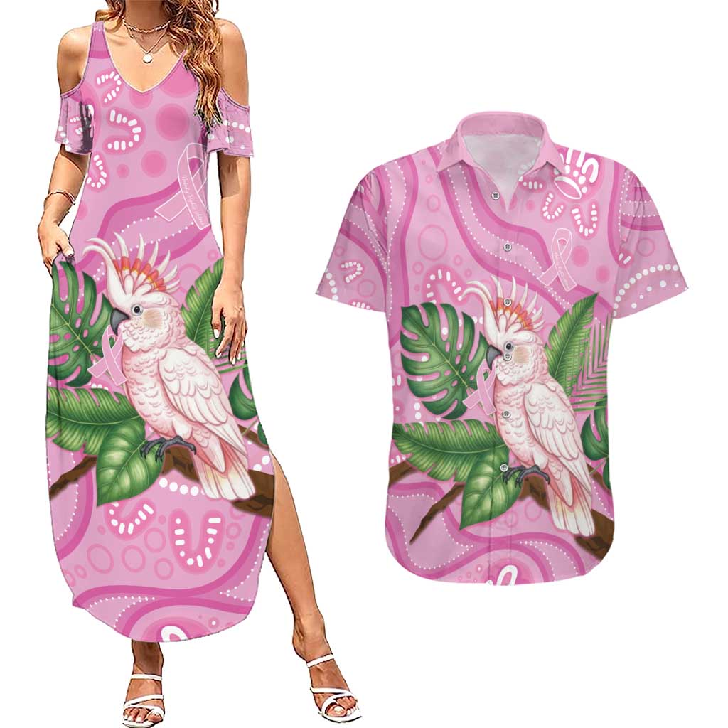 Australia Breast Cancer Awareness Couples Matching Summer Maxi Dress and Hawaiian Shirt Pink Cockatoo Ribbon Aboriginal Dot Art