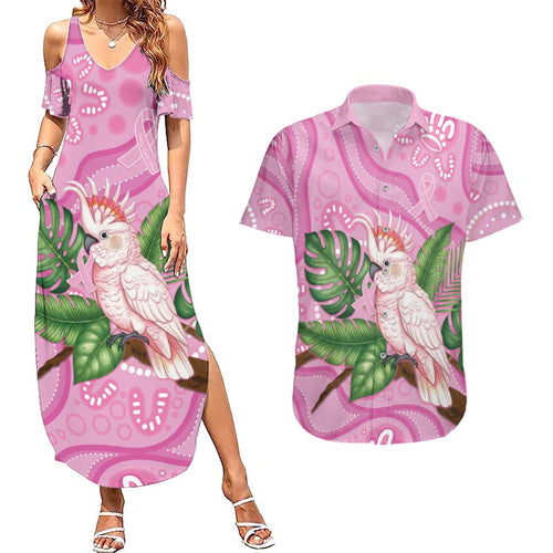 Australia Breast Cancer Awareness Couples Matching Summer Maxi Dress and Hawaiian Shirt Pink Cockatoo Ribbon Aboriginal Dot Art
