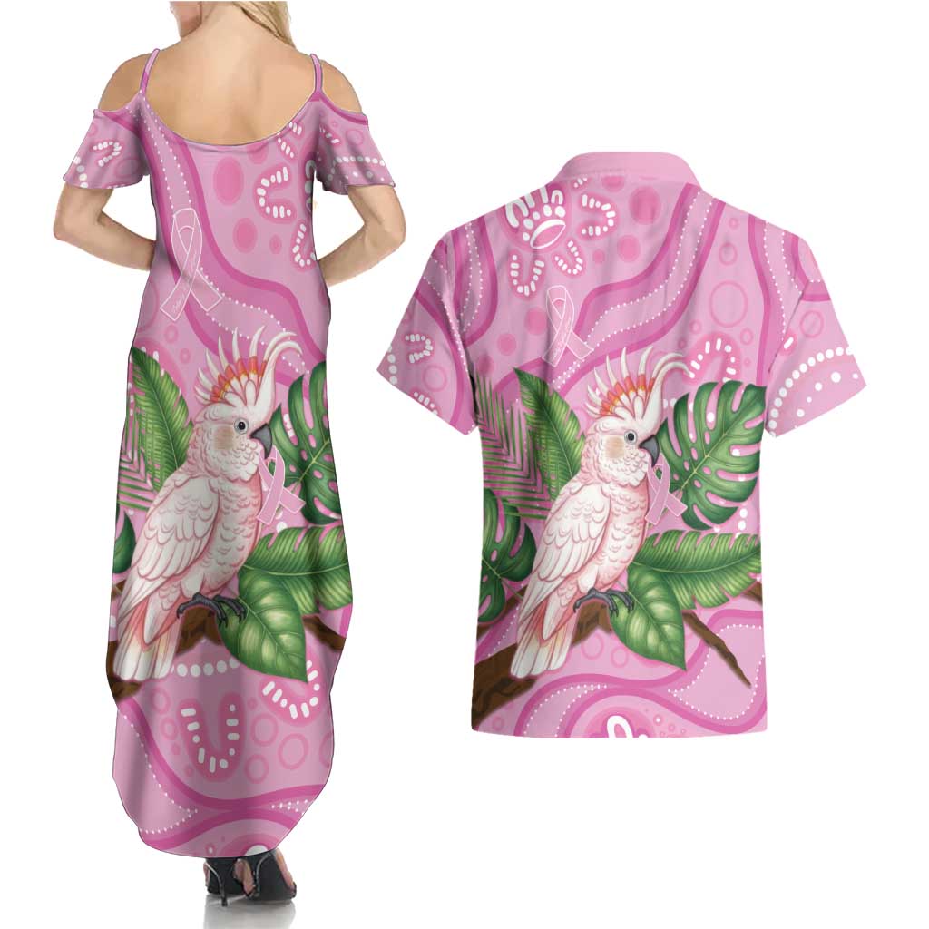 Australia Breast Cancer Awareness Couples Matching Summer Maxi Dress and Hawaiian Shirt Pink Cockatoo Ribbon Aboriginal Dot Art