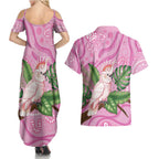 Australia Breast Cancer Awareness Couples Matching Summer Maxi Dress and Hawaiian Shirt Pink Cockatoo Ribbon Aboriginal Dot Art