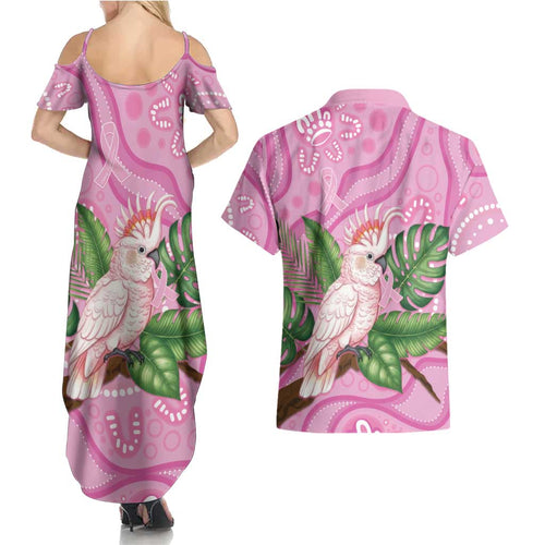 Australia Breast Cancer Awareness Couples Matching Summer Maxi Dress and Hawaiian Shirt Pink Cockatoo Ribbon Aboriginal Dot Art