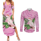 Australia Breast Cancer Awareness Couples Matching Summer Maxi Dress and Long Sleeve Button Shirt Pink Cockatoo Ribbon Aboriginal Dot Art