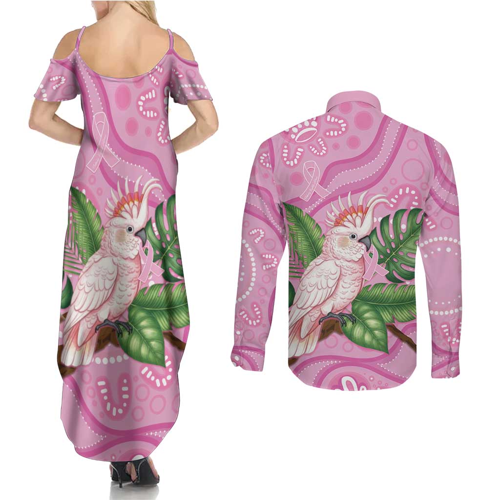Australia Breast Cancer Awareness Couples Matching Summer Maxi Dress and Long Sleeve Button Shirt Pink Cockatoo Ribbon Aboriginal Dot Art
