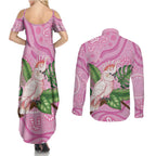 Australia Breast Cancer Awareness Couples Matching Summer Maxi Dress and Long Sleeve Button Shirt Pink Cockatoo Ribbon Aboriginal Dot Art