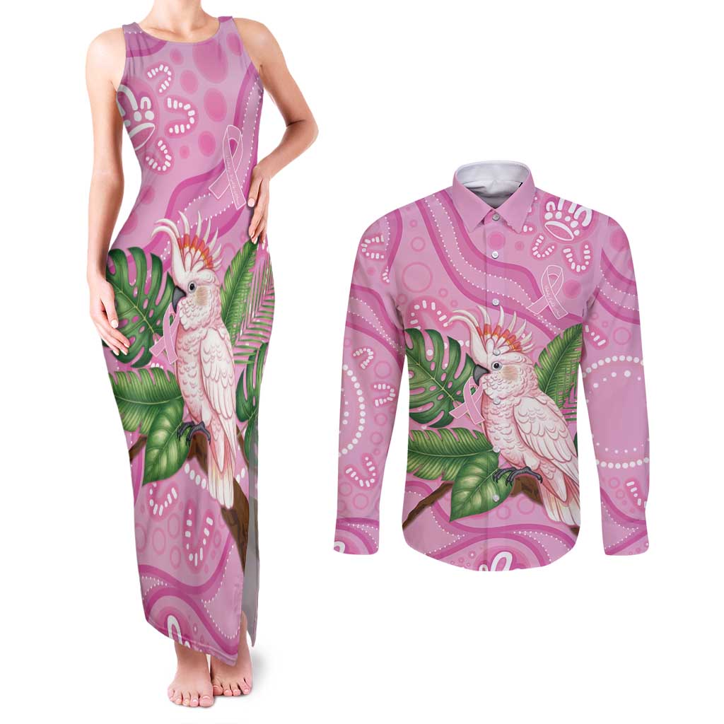 Australia Breast Cancer Awareness Couples Matching Tank Maxi Dress and Long Sleeve Button Shirt Pink Cockatoo Ribbon Aboriginal Dot Art