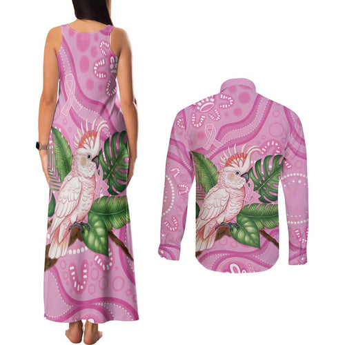 Australia Breast Cancer Awareness Couples Matching Tank Maxi Dress and Long Sleeve Button Shirt Pink Cockatoo Ribbon Aboriginal Dot Art