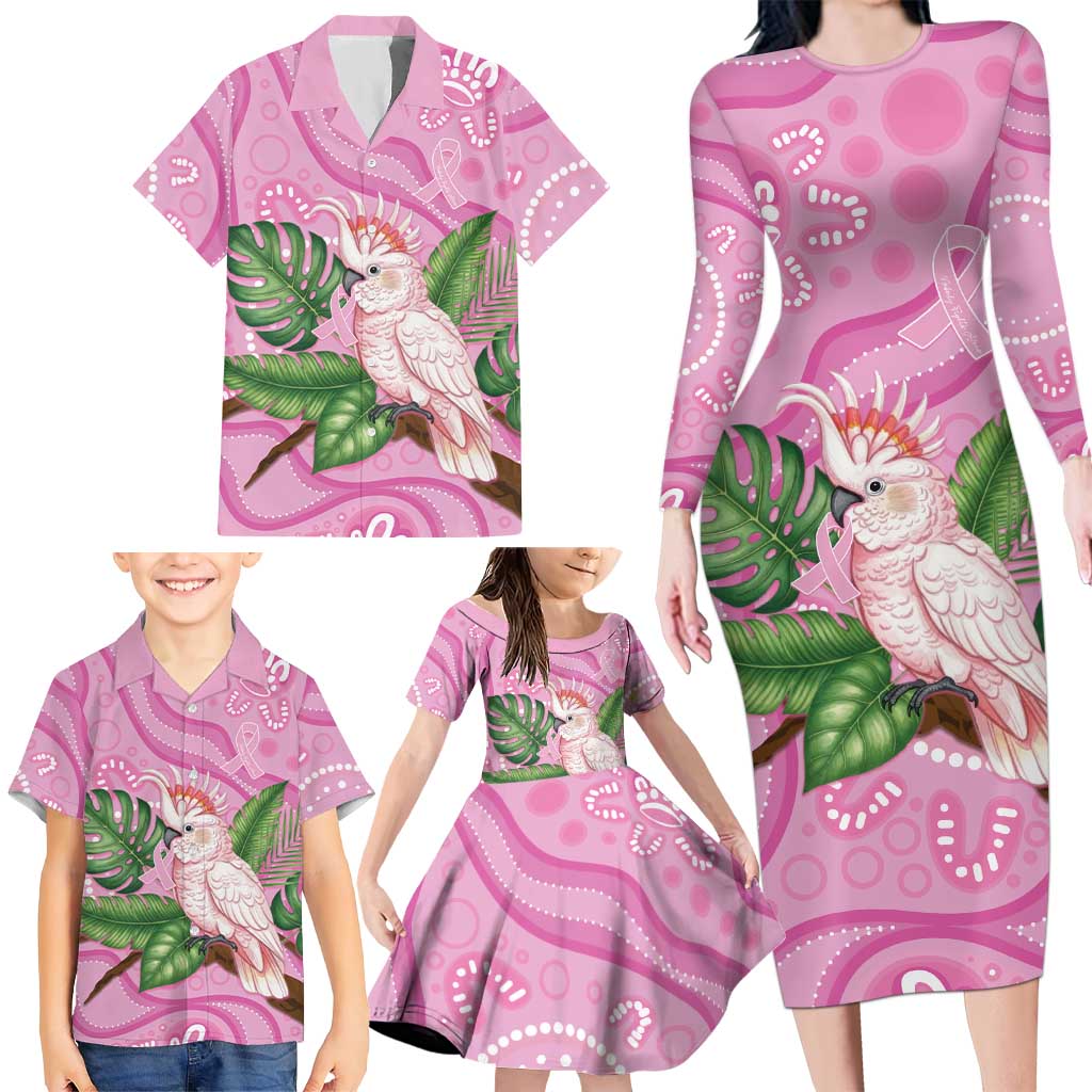 Australia Breast Cancer Awareness Family Matching Long Sleeve Bodycon Dress and Hawaiian Shirt Pink Cockatoo Ribbon Aboriginal Dot Art