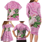 Australia Breast Cancer Awareness Family Matching Long Sleeve Bodycon Dress and Hawaiian Shirt Pink Cockatoo Ribbon Aboriginal Dot Art