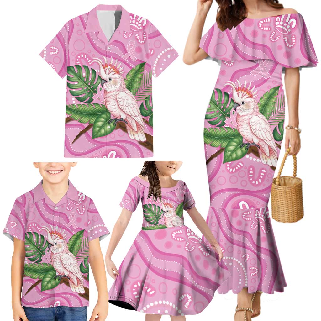 Australia Breast Cancer Awareness Family Matching Mermaid Dress and Hawaiian Shirt Pink Cockatoo Ribbon Aboriginal Dot Art