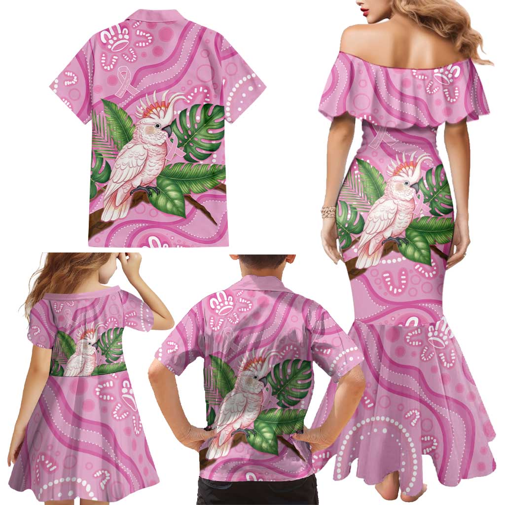 Australia Breast Cancer Awareness Family Matching Mermaid Dress and Hawaiian Shirt Pink Cockatoo Ribbon Aboriginal Dot Art