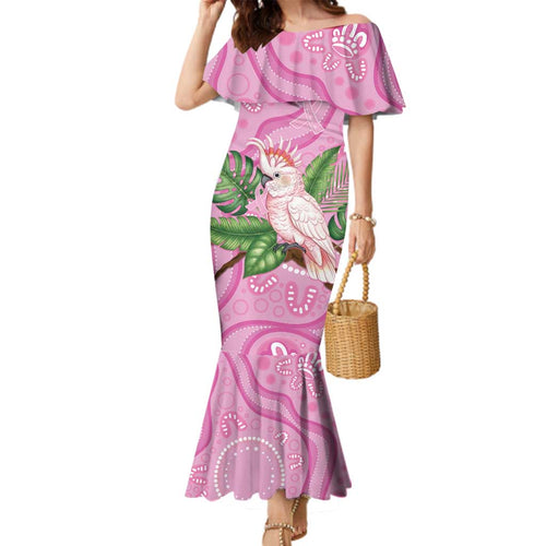 Australia Breast Cancer Awareness Family Matching Mermaid Dress and Hawaiian Shirt Pink Cockatoo Ribbon Aboriginal Dot Art
