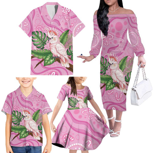 Australia Breast Cancer Awareness Family Matching Off The Shoulder Long Sleeve Dress and Hawaiian Shirt Pink Cockatoo Ribbon Aboriginal Dot Art