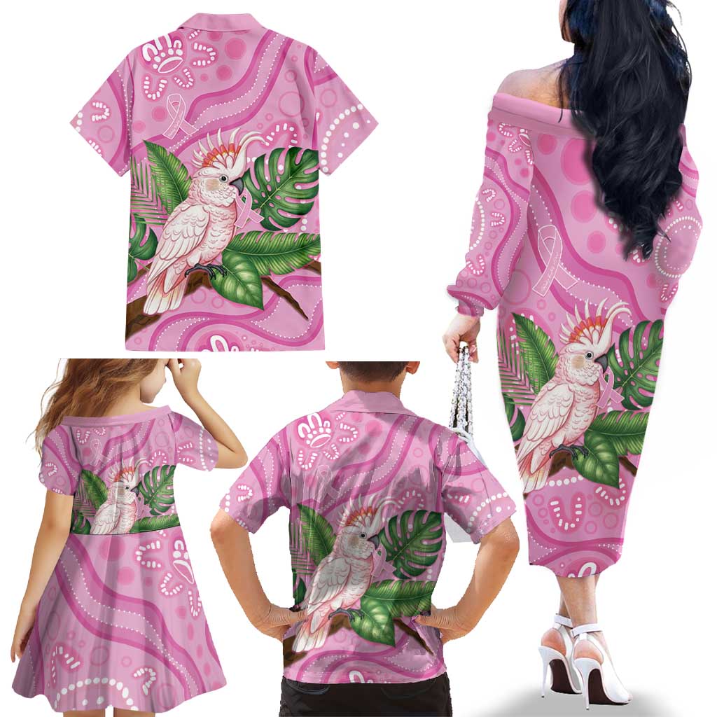 Australia Breast Cancer Awareness Family Matching Off The Shoulder Long Sleeve Dress and Hawaiian Shirt Pink Cockatoo Ribbon Aboriginal Dot Art