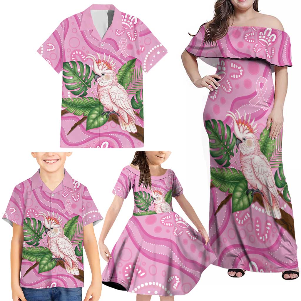Australia Breast Cancer Awareness Family Matching Off Shoulder Maxi Dress and Hawaiian Shirt Pink Cockatoo Ribbon Aboriginal Dot Art