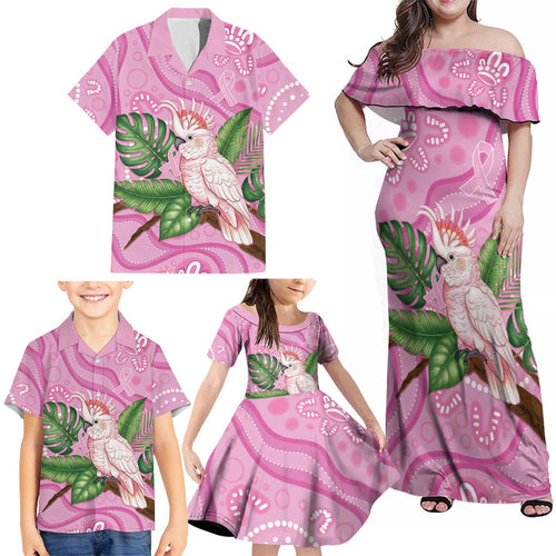 Australia Breast Cancer Awareness Family Matching Off Shoulder Maxi Dress and Hawaiian Shirt Pink Cockatoo Ribbon Aboriginal Dot Art