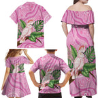 Australia Breast Cancer Awareness Family Matching Off Shoulder Maxi Dress and Hawaiian Shirt Pink Cockatoo Ribbon Aboriginal Dot Art