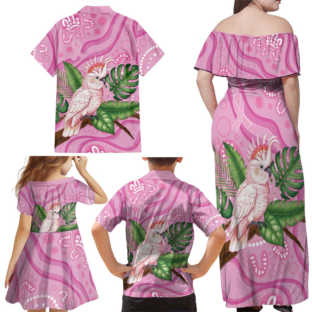 Australia Breast Cancer Awareness Family Matching Off Shoulder Maxi Dress and Hawaiian Shirt Pink Cockatoo Ribbon Aboriginal Dot Art
