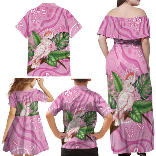 Australia Breast Cancer Awareness Family Matching Off Shoulder Maxi Dress and Hawaiian Shirt Pink Cockatoo Ribbon Aboriginal Dot Art