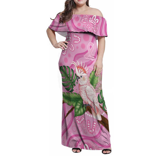 Australia Breast Cancer Awareness Family Matching Off Shoulder Maxi Dress and Hawaiian Shirt Pink Cockatoo Ribbon Aboriginal Dot Art