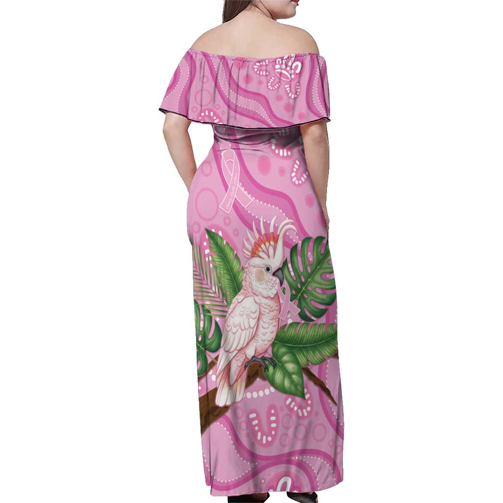 Australia Breast Cancer Awareness Family Matching Off Shoulder Maxi Dress and Hawaiian Shirt Pink Cockatoo Ribbon Aboriginal Dot Art