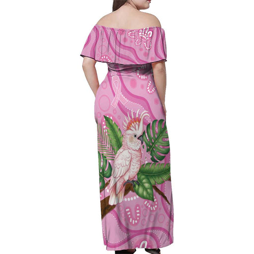 Australia Breast Cancer Awareness Family Matching Off Shoulder Maxi Dress and Hawaiian Shirt Pink Cockatoo Ribbon Aboriginal Dot Art