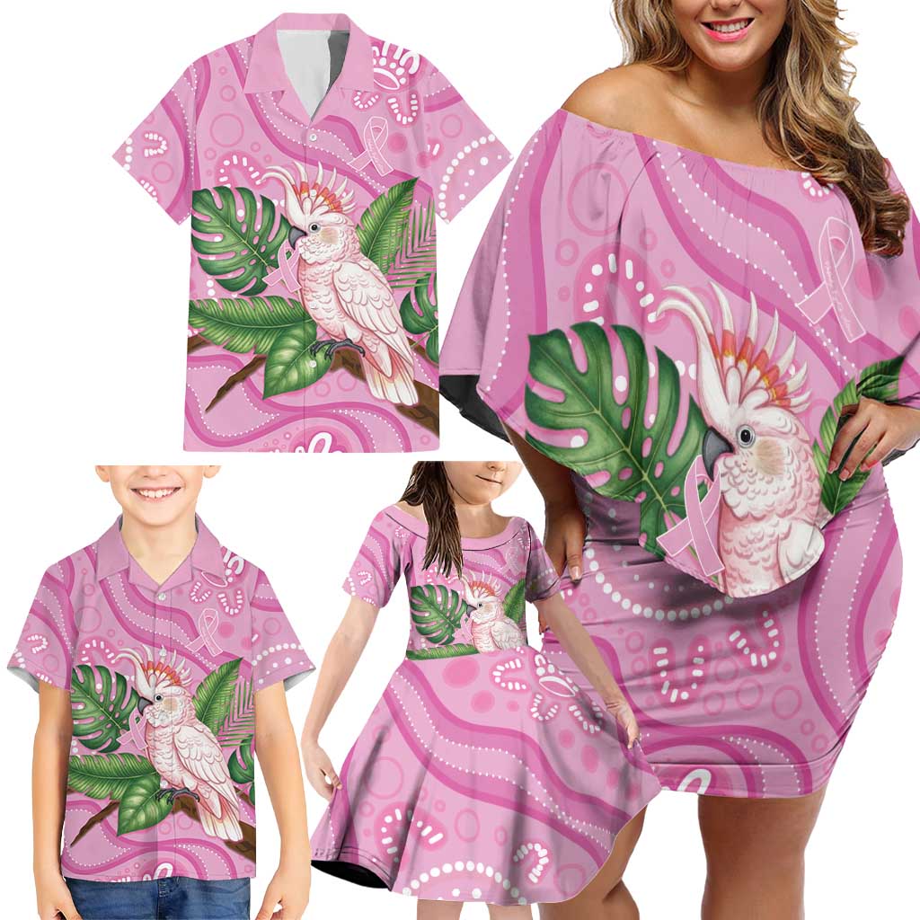 Australia Breast Cancer Awareness Family Matching Off Shoulder Short Dress and Hawaiian Shirt Pink Cockatoo Ribbon Aboriginal Dot Art