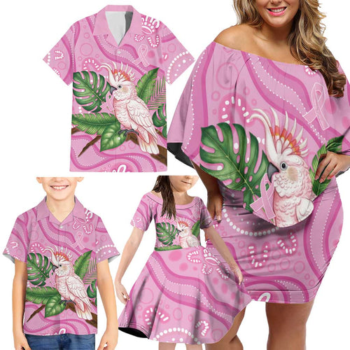 Australia Breast Cancer Awareness Family Matching Off Shoulder Short Dress and Hawaiian Shirt Pink Cockatoo Ribbon Aboriginal Dot Art