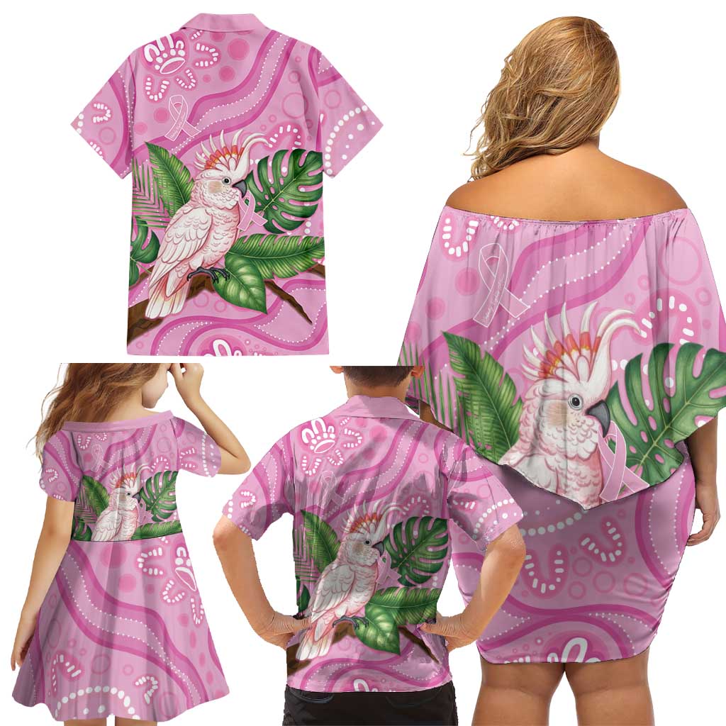 Australia Breast Cancer Awareness Family Matching Off Shoulder Short Dress and Hawaiian Shirt Pink Cockatoo Ribbon Aboriginal Dot Art