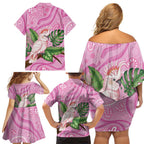 Australia Breast Cancer Awareness Family Matching Off Shoulder Short Dress and Hawaiian Shirt Pink Cockatoo Ribbon Aboriginal Dot Art