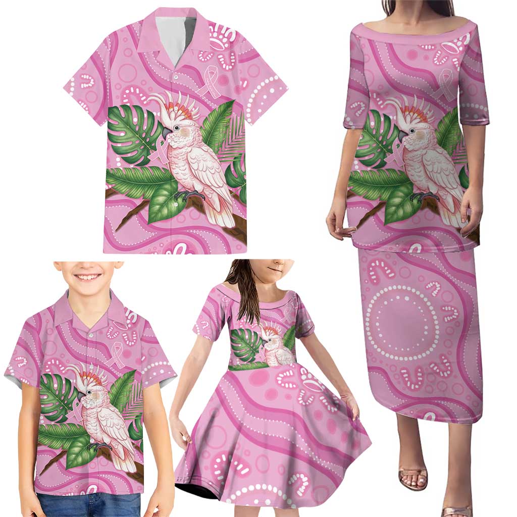 Australia Breast Cancer Awareness Family Matching Puletasi and Hawaiian Shirt Pink Cockatoo Ribbon Aboriginal Dot Art