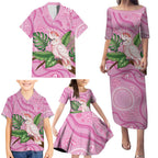 Australia Breast Cancer Awareness Family Matching Puletasi and Hawaiian Shirt Pink Cockatoo Ribbon Aboriginal Dot Art