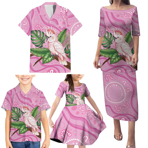 Australia Breast Cancer Awareness Family Matching Puletasi and Hawaiian Shirt Pink Cockatoo Ribbon Aboriginal Dot Art